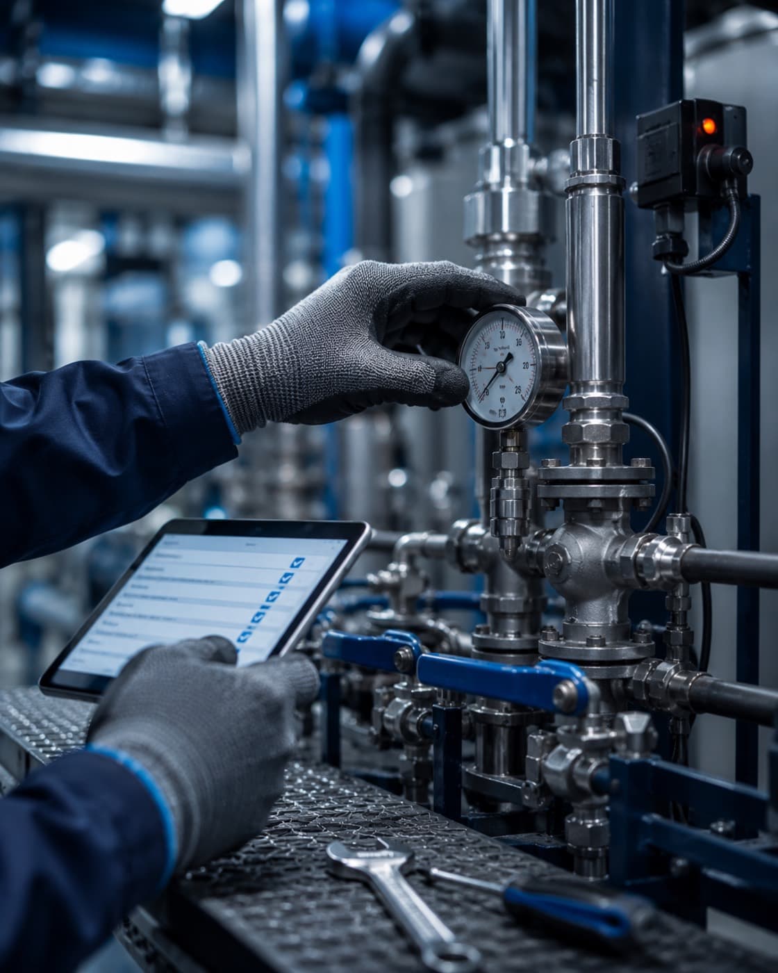 Engineer inspecting valves and gauges during a maintenance check in a plant room