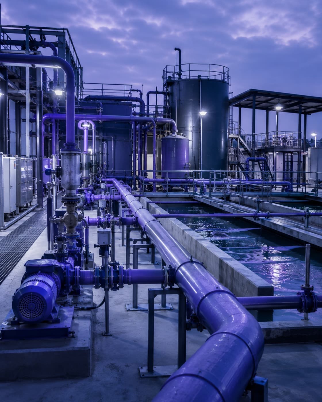 Industrial effluent treatment infrastructure with process tanks and piping