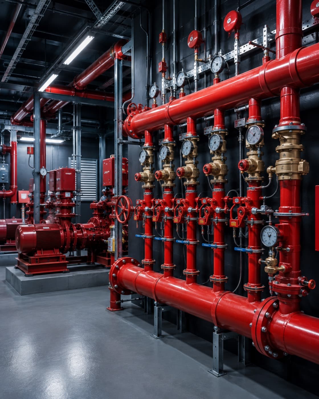 Professional fire pump room with red fire protection pipes, pressure gauges and valves