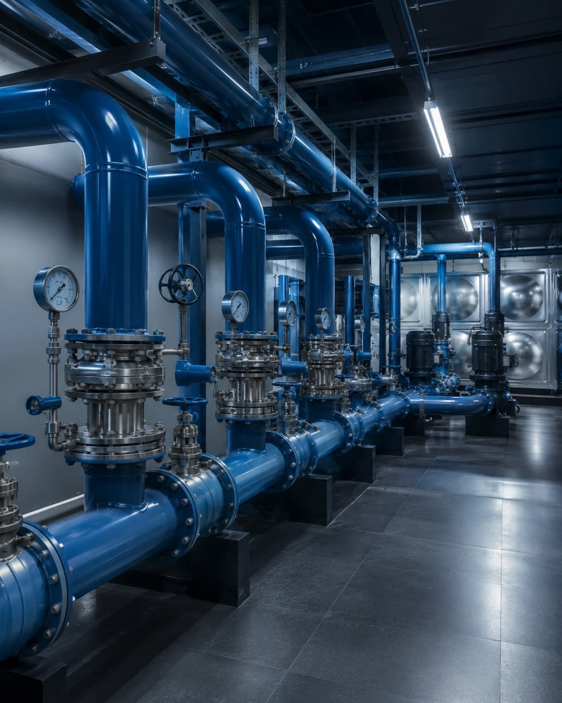 Premium commercial mechanical plant room with precision-installed blue distribution piping, valves and pressure gauges