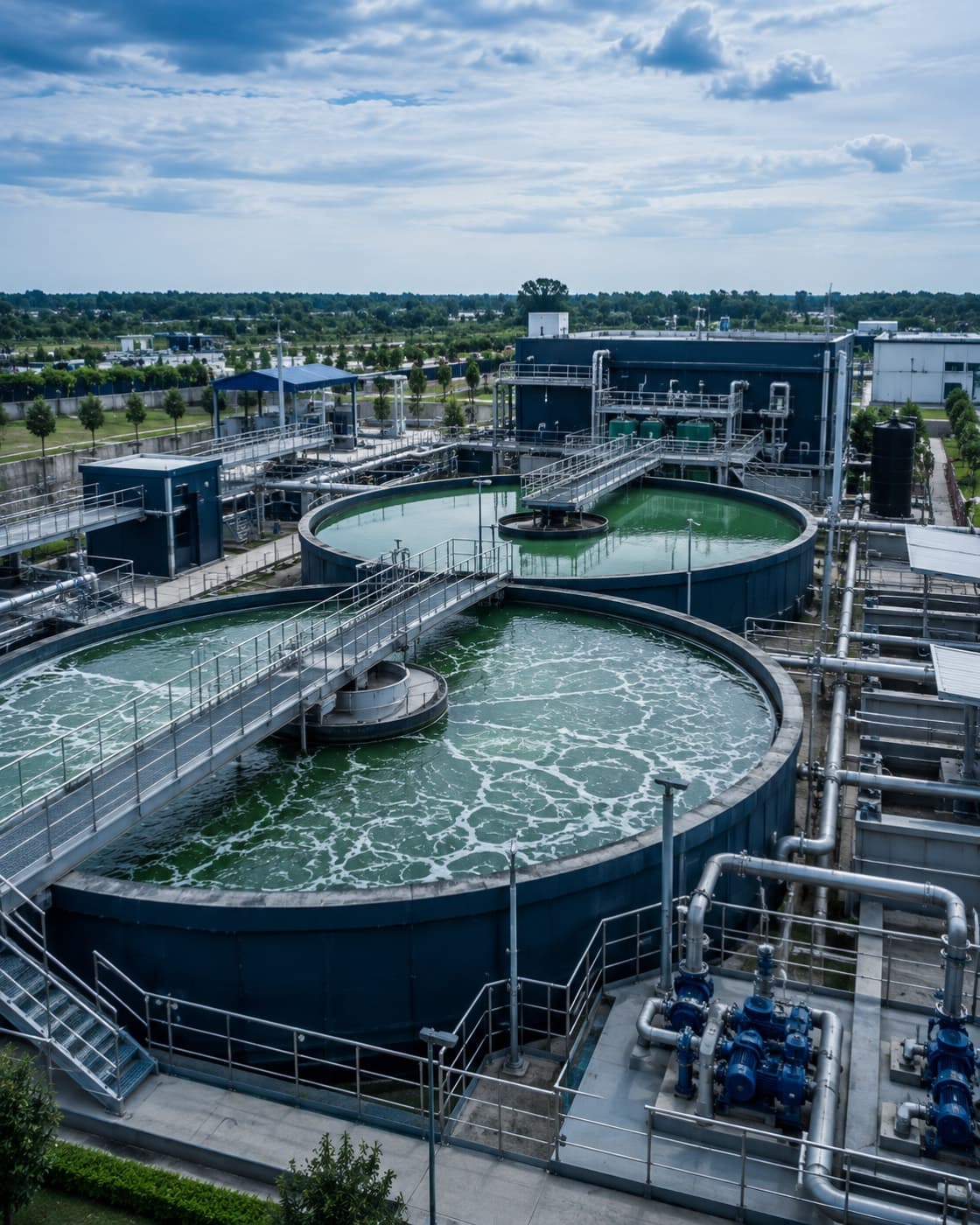 Modern sewage treatment plant with circular tanks and process piping