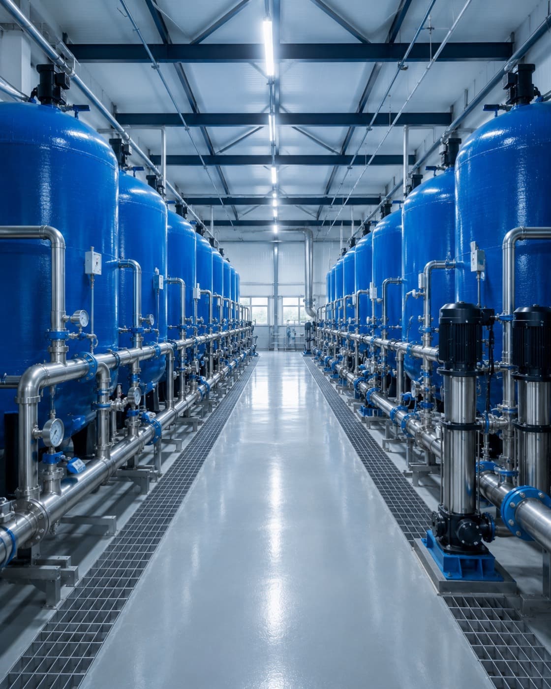 Modern water treatment plant with filtration tanks and clean process piping